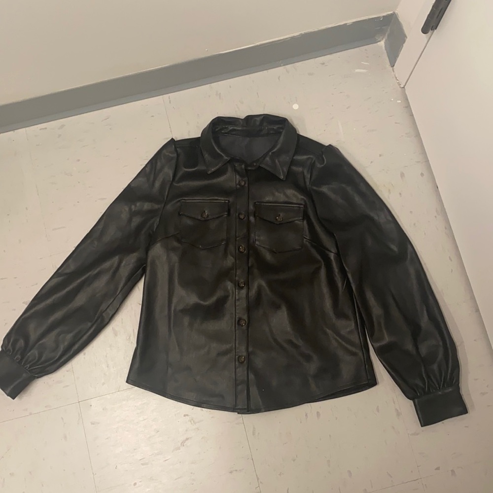 Faux leather black shirt button up
